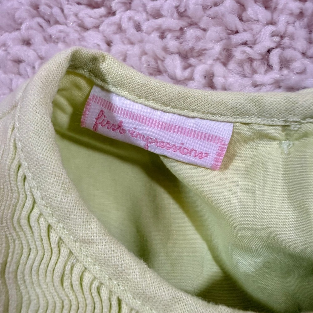 Vintage First Impressions Lime Green Smocked Linen Dress 0-3 M Cottagecore - Picture 4 of 7
